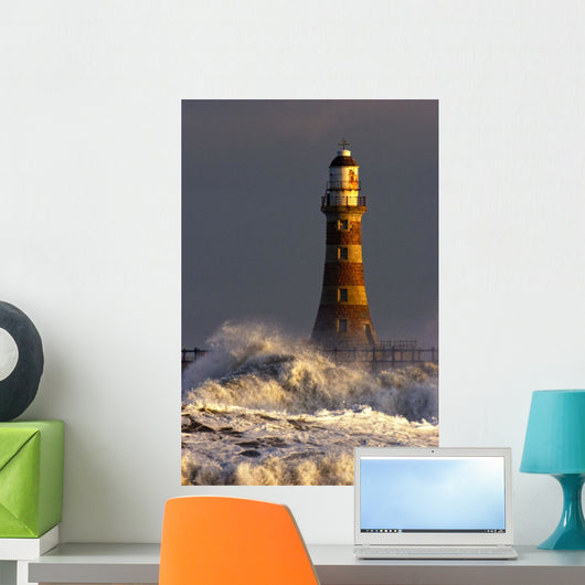 Waves Crashing Against A Lighthouse, Tyne And Wear, England Wall Mural