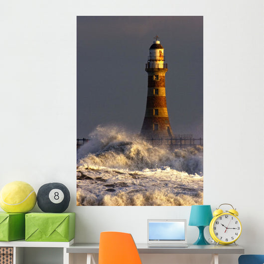 Waves Crashing Against A Lighthouse, Tyne And Wear, England Wall Mural
