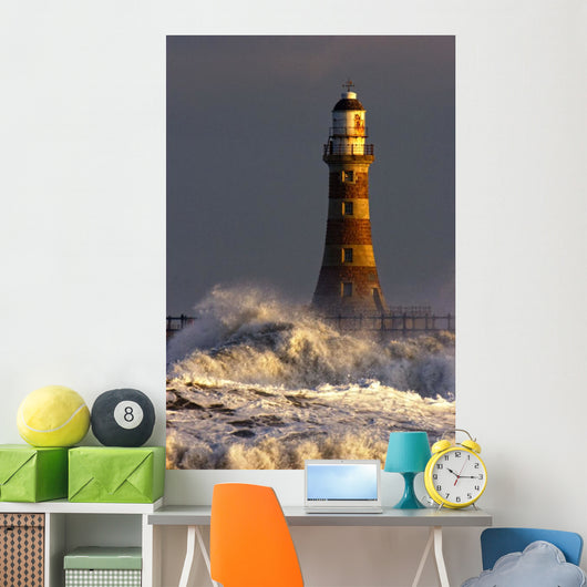 Waves Crashing Against A Lighthouse, Tyne And Wear, England Wall Mural