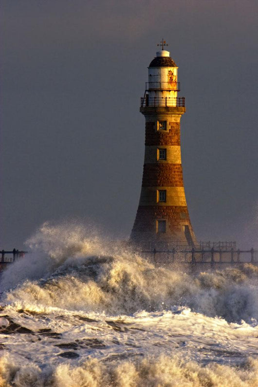 Waves Crashing Against A Lighthouse, Tyne And Wear, England Wall Mural