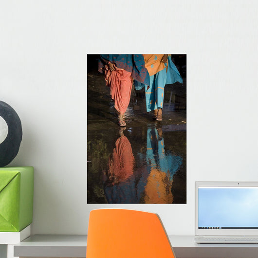 Reflections In Water Of Women Walking Wall Mural