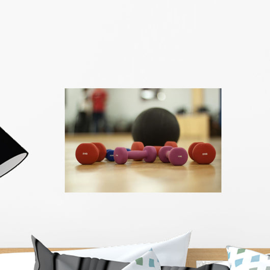 Dumbbells and ball on the floor of a fitness room Wall Mural