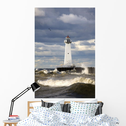 Sodus Outer Lighthouse On Stormy Lake Ontario Wall Mural