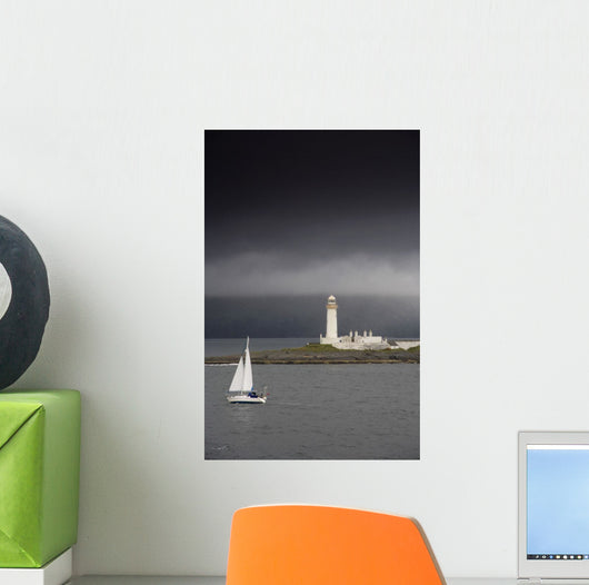 Sailboat Near A Shore With A Lighthouse Wall Mural