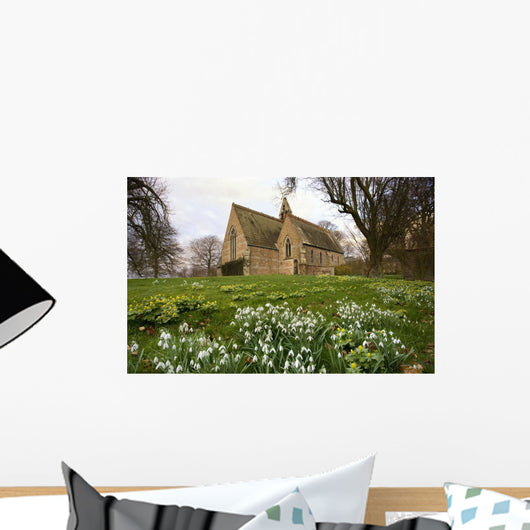 White Flowers With A Small Church In Background Wall Mural