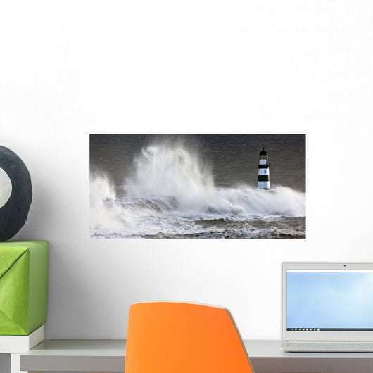 Waves Crashing On A Lighthouse, Seaham, Teesside, England Wall Mural