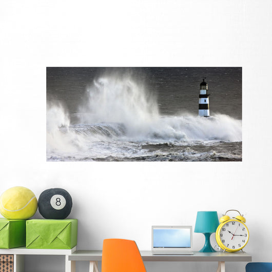 Waves Crashing On A Lighthouse, Seaham, Teesside, England Wall Mural