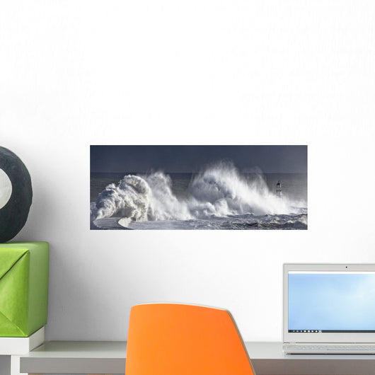 Waves Crashing On Lighthouse, Seaham, Teesside, England Wall Mural