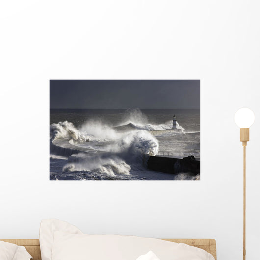 Waves Crashing On Lighthouse, Seaham, Teesside, England Wall Mural