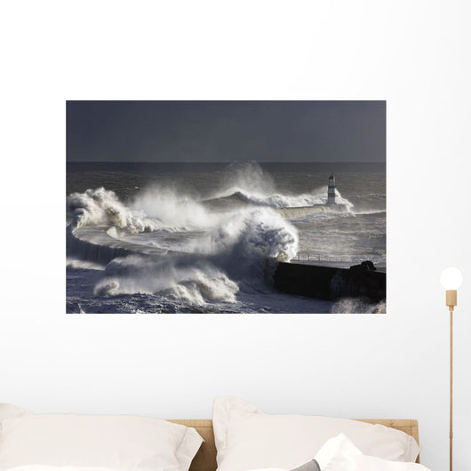 Waves Crashing On Lighthouse, Seaham, Teesside, England Wall Mural