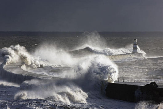 Waves Crashing On Lighthouse, Seaham, Teesside, England Wall Mural