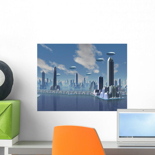 UFO over Futuristic Alien City Wall Mural
