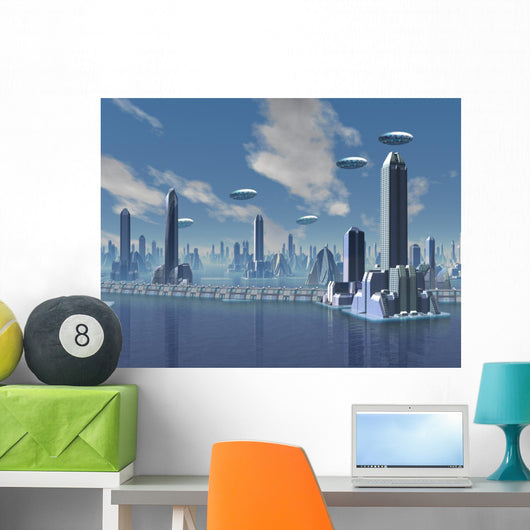UFO over Futuristic Alien City Wall Mural