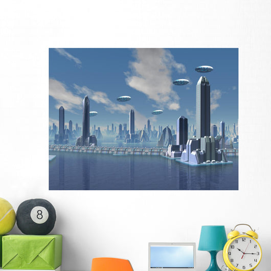UFO over Futuristic Alien City Wall Mural