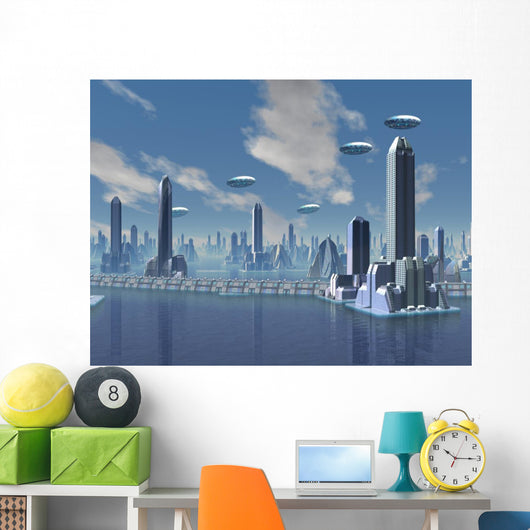 UFO over Futuristic Alien City Wall Mural