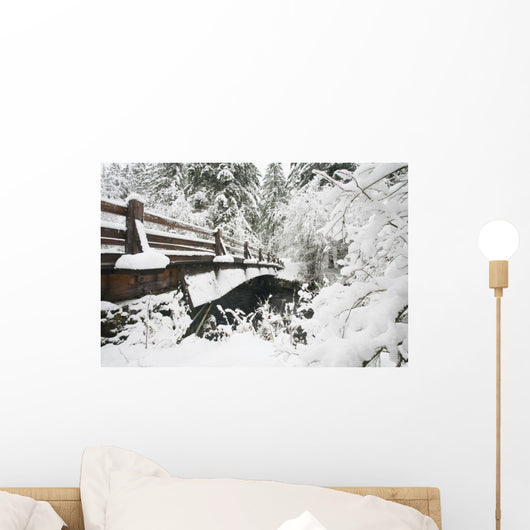 Snowy Pedestrian Bridge Through Forest Wall Mural