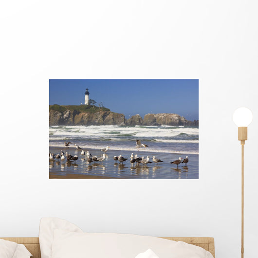 Seagulls On The Beach And Yaquina Head Lighthouse On The Oregon Coast Wall Mural