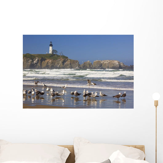 Seagulls On The Beach And Yaquina Head Lighthouse On The Oregon Coast Wall Mural