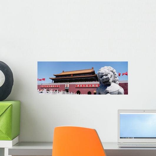 Stone Lion Statue And Portrait Of Mao On Tiamanmen Wall Mural