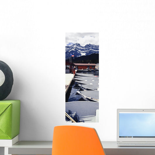 Boats Moored At Lake Minnewanka Wall Mural