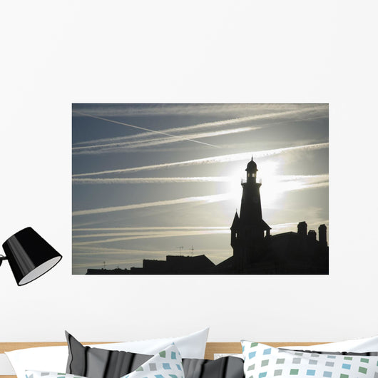 Airplane Contrails Above Lighthouse Wall Mural