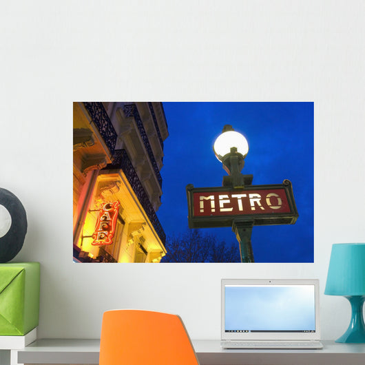 Detail Of Maubert-Mutualite Metro Station And Cafe Signs At Dawn Wall Mural