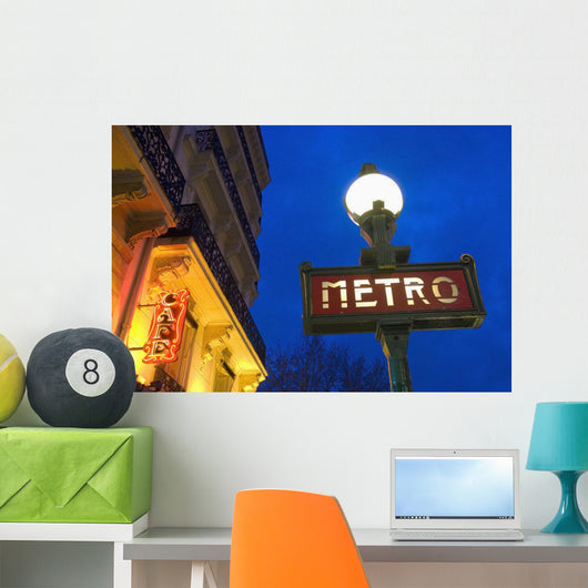 Detail Of Maubert-Mutualite Metro Station And Cafe Signs At Dawn Wall Mural