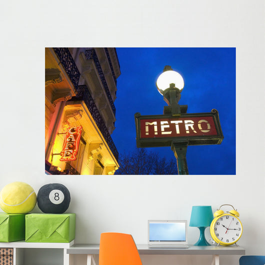 Detail Of Maubert-Mutualite Metro Station And Cafe Signs At Dawn Wall Mural