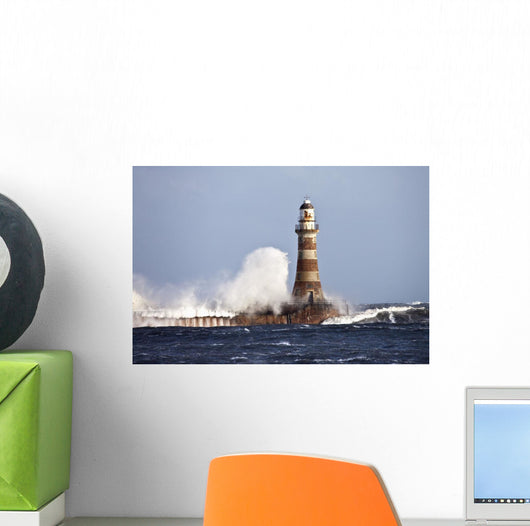 Waves Crashing Against Roker Lighthouse Wall Mural