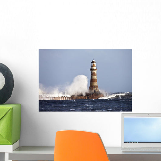 Waves Crashing Against Roker Lighthouse Wall Mural