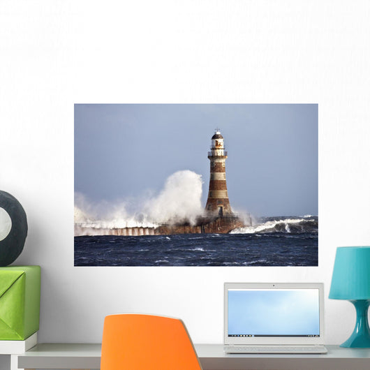 Waves Crashing Against Roker Lighthouse Wall Mural