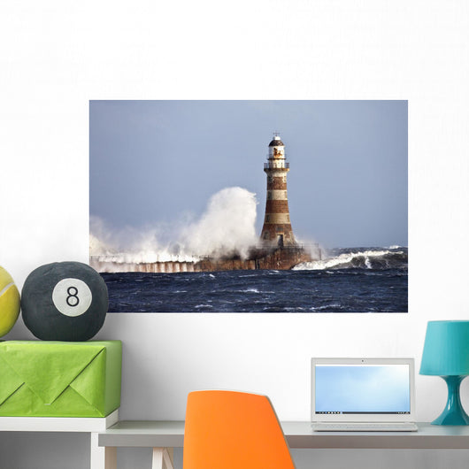 Waves Crashing Against Roker Lighthouse Wall Mural