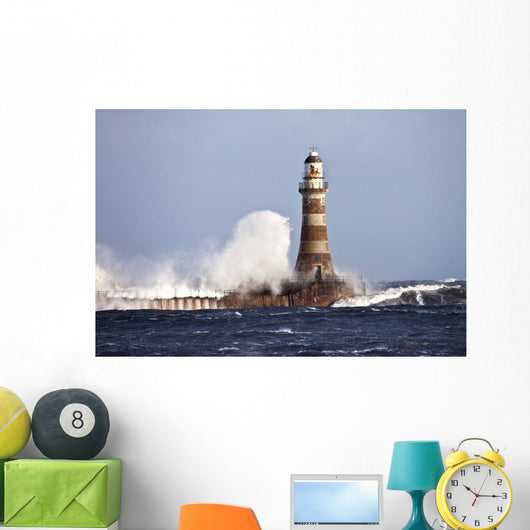 Waves Crashing Against Roker Lighthouse Wall Mural