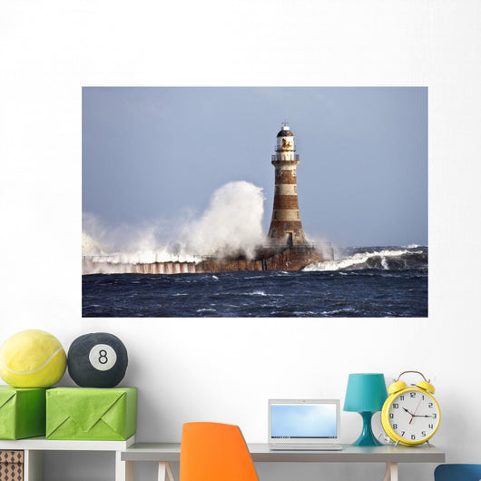 Waves Crashing Against Roker Lighthouse Wall Mural