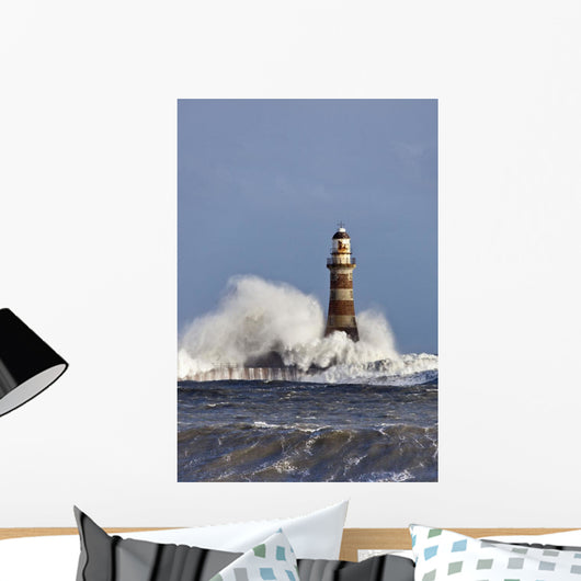 Waves Crashing Against Roker Lighthouse Wall Mural