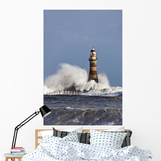 Waves Crashing Against Roker Lighthouse Wall Mural