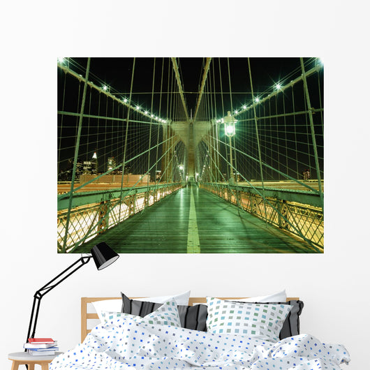 Looking Along Walkway On The Brooklyn Bridge At Night Wall Mural