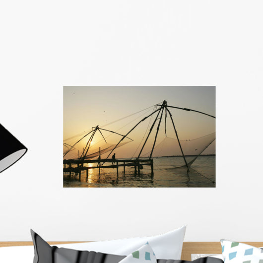 Chinese Fishing Nets Hanging In The Water At Sunset, Fort Kochi Wall Mural