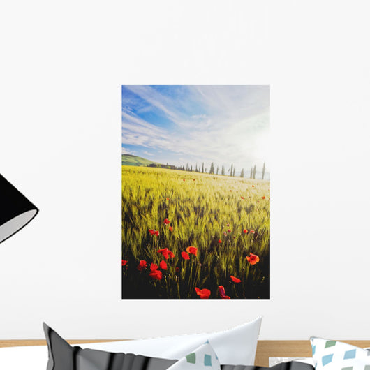 Poppies In Wheat Field At Dawn Wall Mural