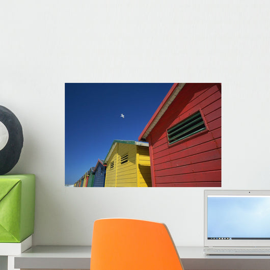 Seagull Flying Over Colorful Beach Huts Wall Mural