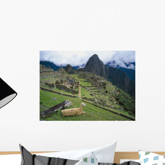 Llama At Machu Picchu's Ancient Ruins With Huayna Picchu Wall Mural