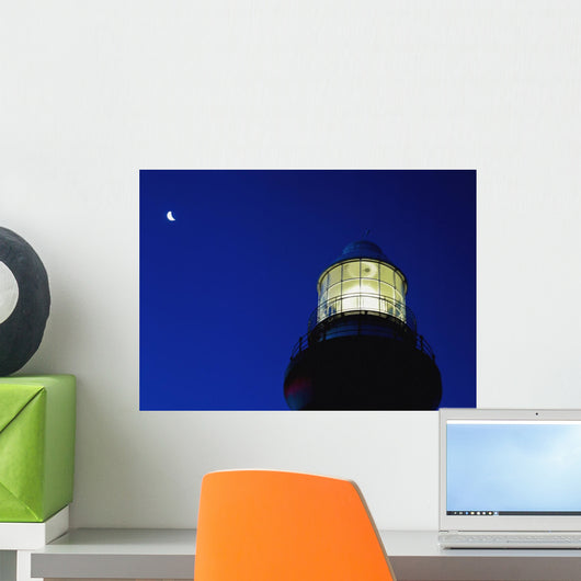 Moon Crescent Above Lighthouse At Dusk, Low Angle View, Close Up Wall Mural
