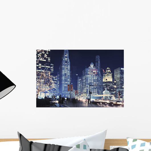 Michigan Avenue Traffic At Night With Cityscape In Background Wall Mural