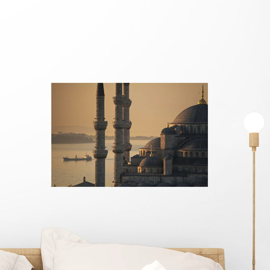 Ship sailing along Bosphorus behind Sultanahmet or Blue mosque at dawn Wall Mural