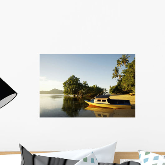 Indonesia, Sulawesi, Boat on Sandy Beach Wall Mural