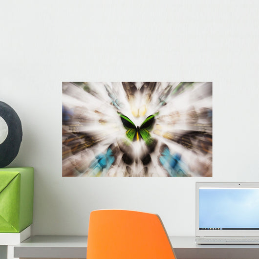 Focus On A Green Butterfly With Images Of Butterflies Surrounding It Wall Mural