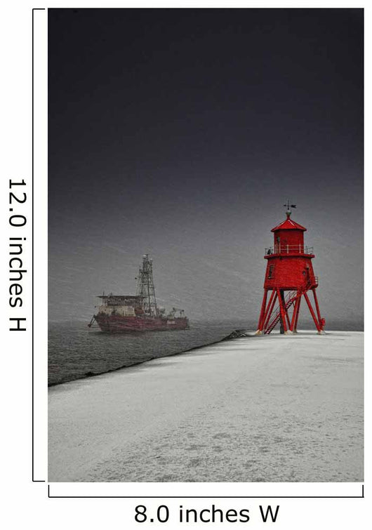A Red Lighthouse Along The Coast In Winter With A Boat Off The Shore Wall Mural