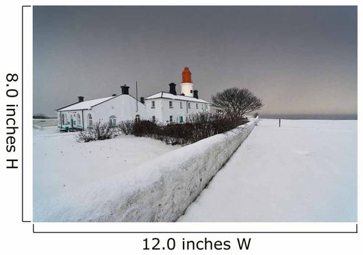 A Snow Covered Fence With A Lighthouse And Building In The Background Wall Mural