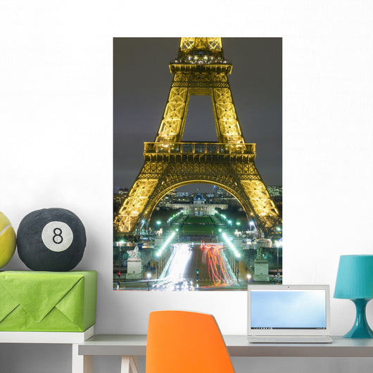 Traffic On Champs D'elysees Under Eiffel Tower At Night, Paris,France Wall Mural