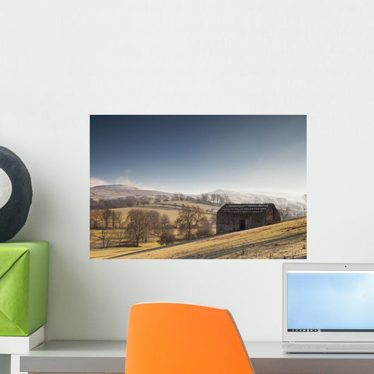 A Barn On A Hilly Landscape In The Fog Wall Mural